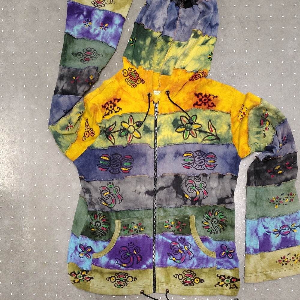 GREATER GOOD RARE EARTHY MULTICOLOR DAYDREAMER ZIP-UP HOODIE HAND-PAINTED SZ MED